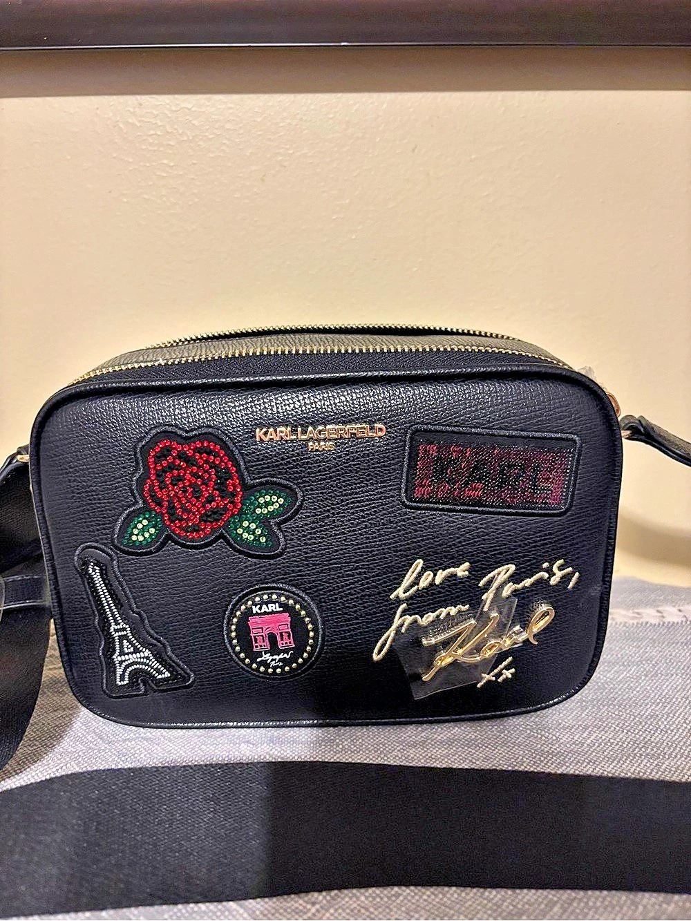 Karl Lagerfeld Embroidered Camera Crossbody in Black Like New